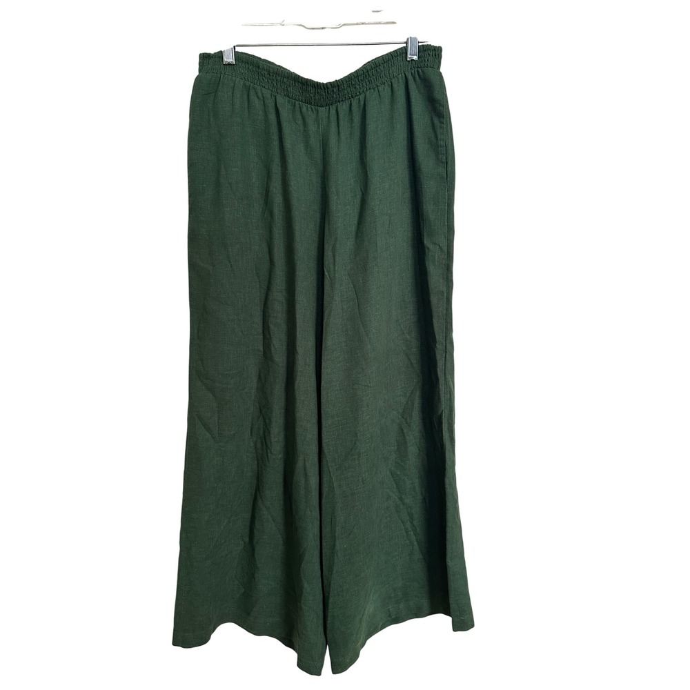 Anthro Anthropologie Green Linen Blend Smocked Waist Wide Leg Pants Size Small